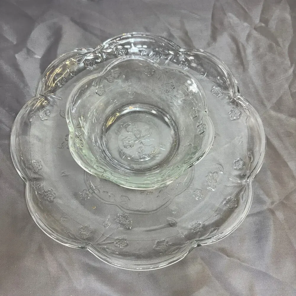 Floral Patterned Chip and Dip Set by Anchor Hocking Savannah Clear Glass 2 pcs